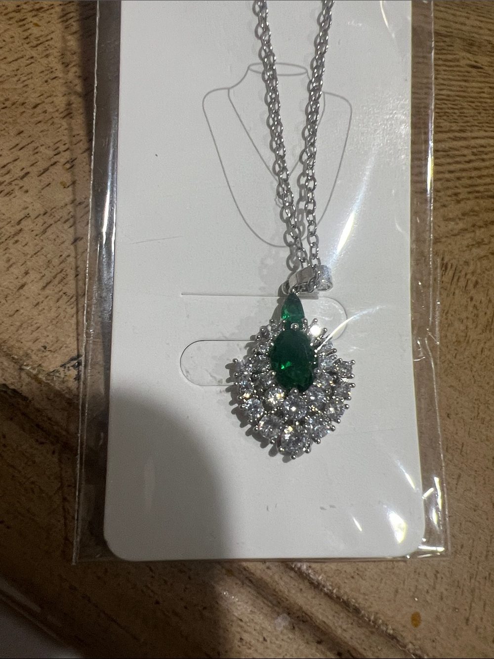 Stainless steel Emerald Teardrop Halo Pendant Necklace - Silver Tone